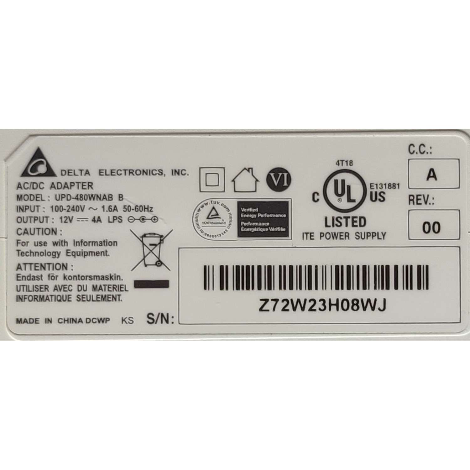 ADAPTADOR AC DELTA / NUMERO DE PARTE UPD-480WNAB / 12V - 4A / Z72W23H08WJ	 - Imagen 3